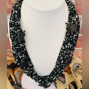 Black and White Seed Beaded Elephant Vintage Necklace